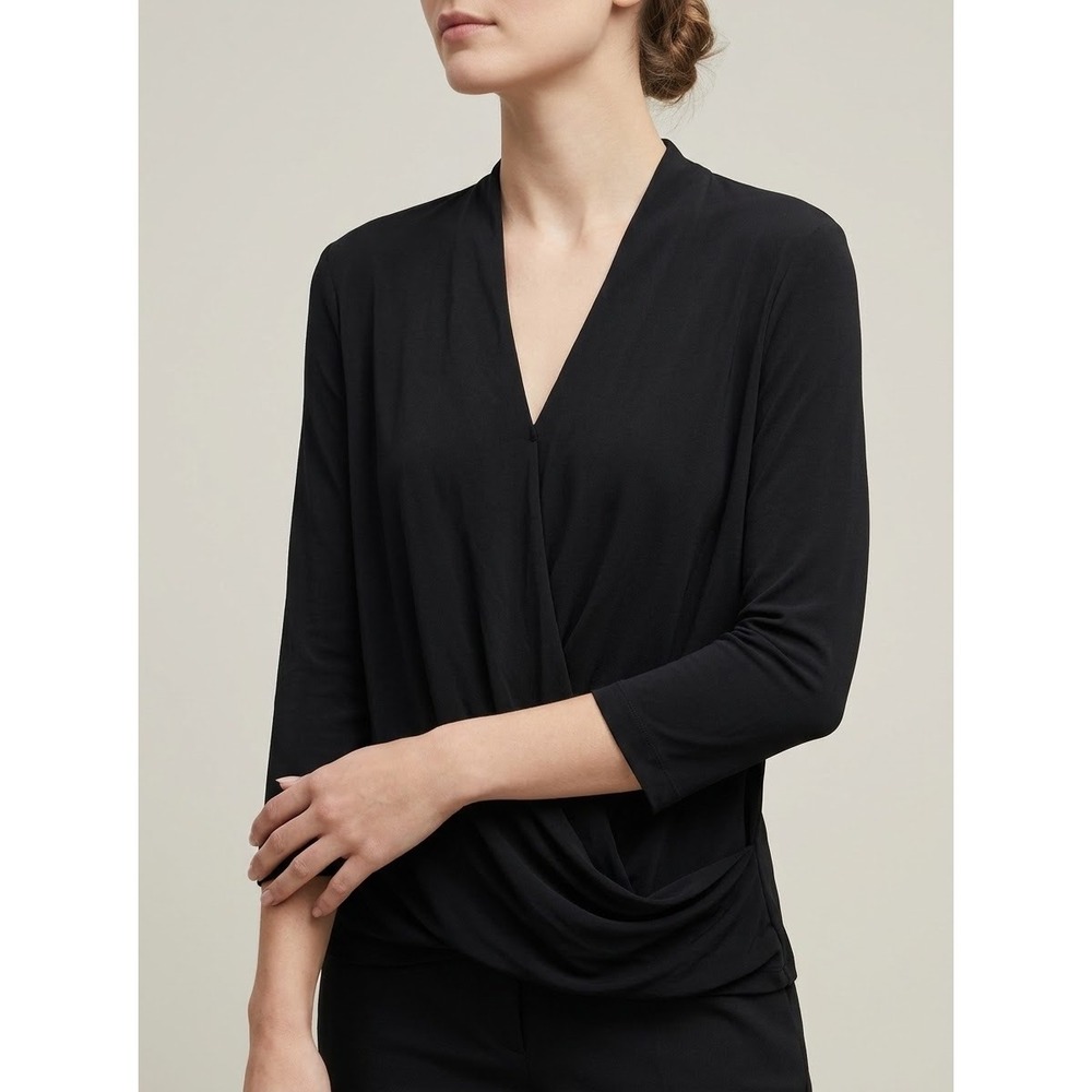 M.M. LAFLEUR Deneuve 1.0 Draped Faux Wrap V-Neck Top Black XS 3/4 Sleeve